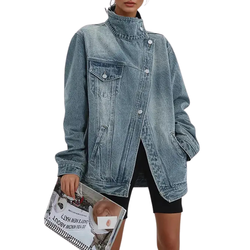 Blue denim button jacket with stand collar, chest pocket, and asym front