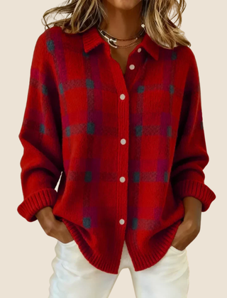 Red plaid button-up cardigan with front buttons and long sleeves