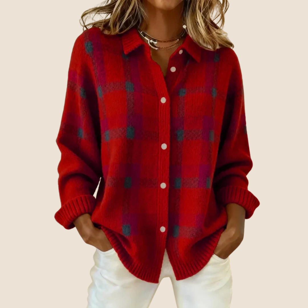 Red plaid button-up cardigan with front buttons and long sleeves
