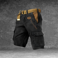 DUNMERE utility shorts in black with cargo side pockets and logo patch
