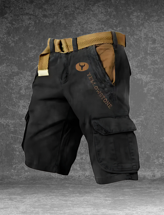 DUNMERE utility shorts in black with cargo side pockets and logo patch