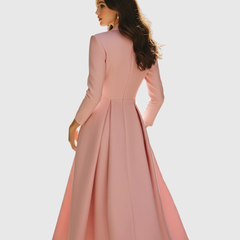 Blazer-style pleated midi dress, blush pink, side view with flared skirt and long sleeves