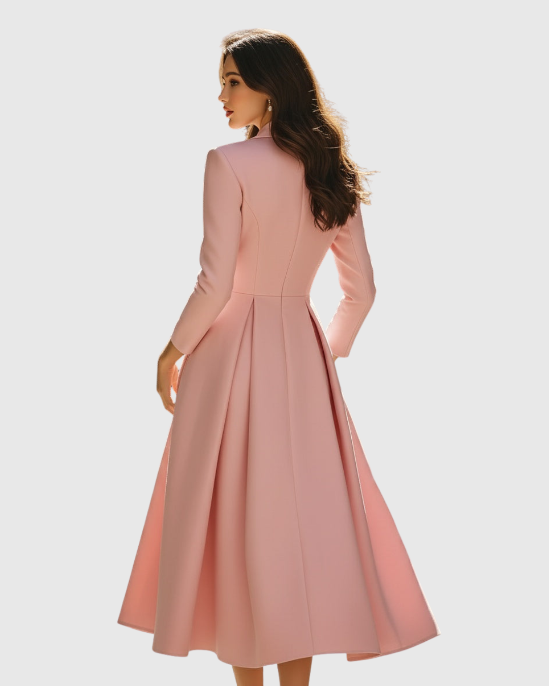 Blazer-style pleated midi dress, blush pink, side view with flared skirt and long sleeves