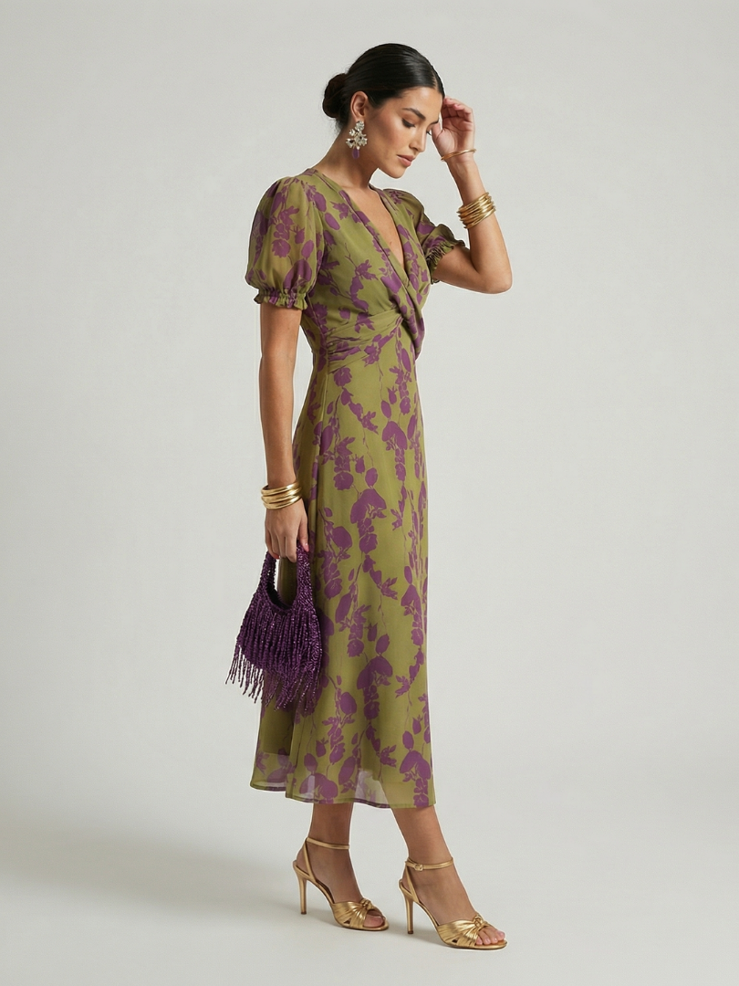 Floral midi wrap dress with short puff sleeves and draped waist, side view