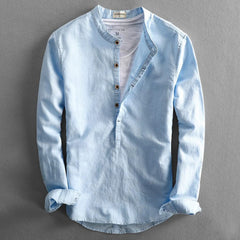 Corden linen shirt, light blue long-sleeve button-front henley with stand collar
