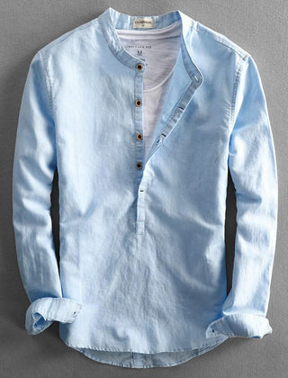 Corden linen shirt, light blue long-sleeve button-front henley with stand collar