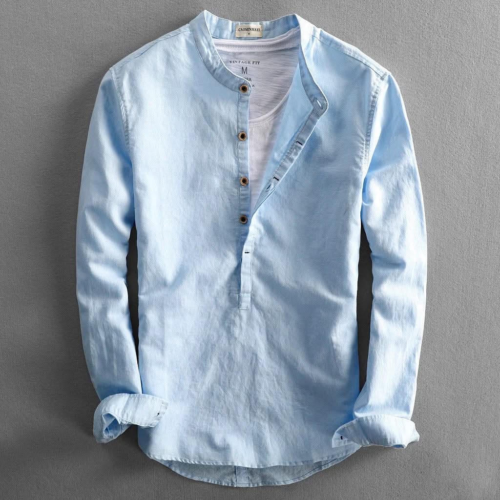 Corden linen shirt, light blue long-sleeve button-front henley with stand collar