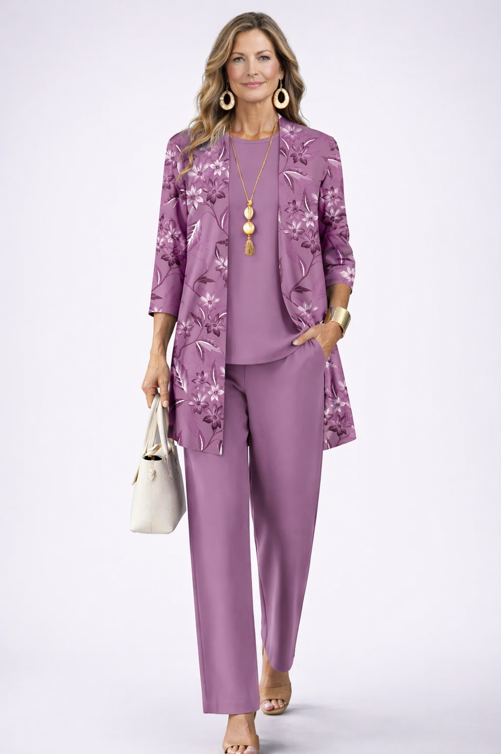 Purple floral 3-piece pantsuit set with jacket, blouse, and matching trousers