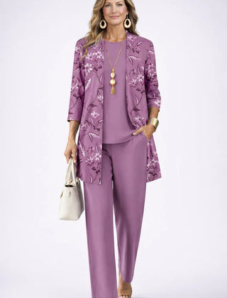 Mauve purple 3-piece outfit with floral open jacket, matching blouse, and tapered trousers