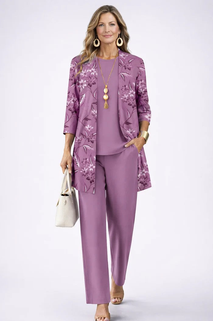 Mauve purple 3-piece outfit with floral open jacket, matching blouse, and tapered trousers
