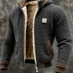 Grey quilted fleece lined zip-front jacket with brown trim and sherpa collar