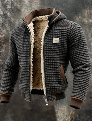 Grey quilted fleece lined zip-front jacket with brown trim and sherpa collar