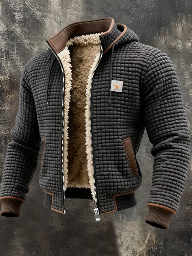 Grey quilted fleece lined zip-front jacket with brown trim and sherpa collar