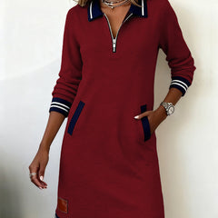Red long-sleeve dress with quarter-zip, contrast collar, striped cuffs and hem, patch pockets