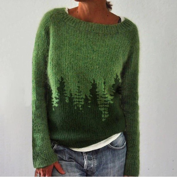 Monique™ retro wool sweater, green knit with dark tree motif panel, crew neck