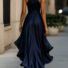 Navy satin wrap maxi dress, halter back, with layered flounce ruffle hem