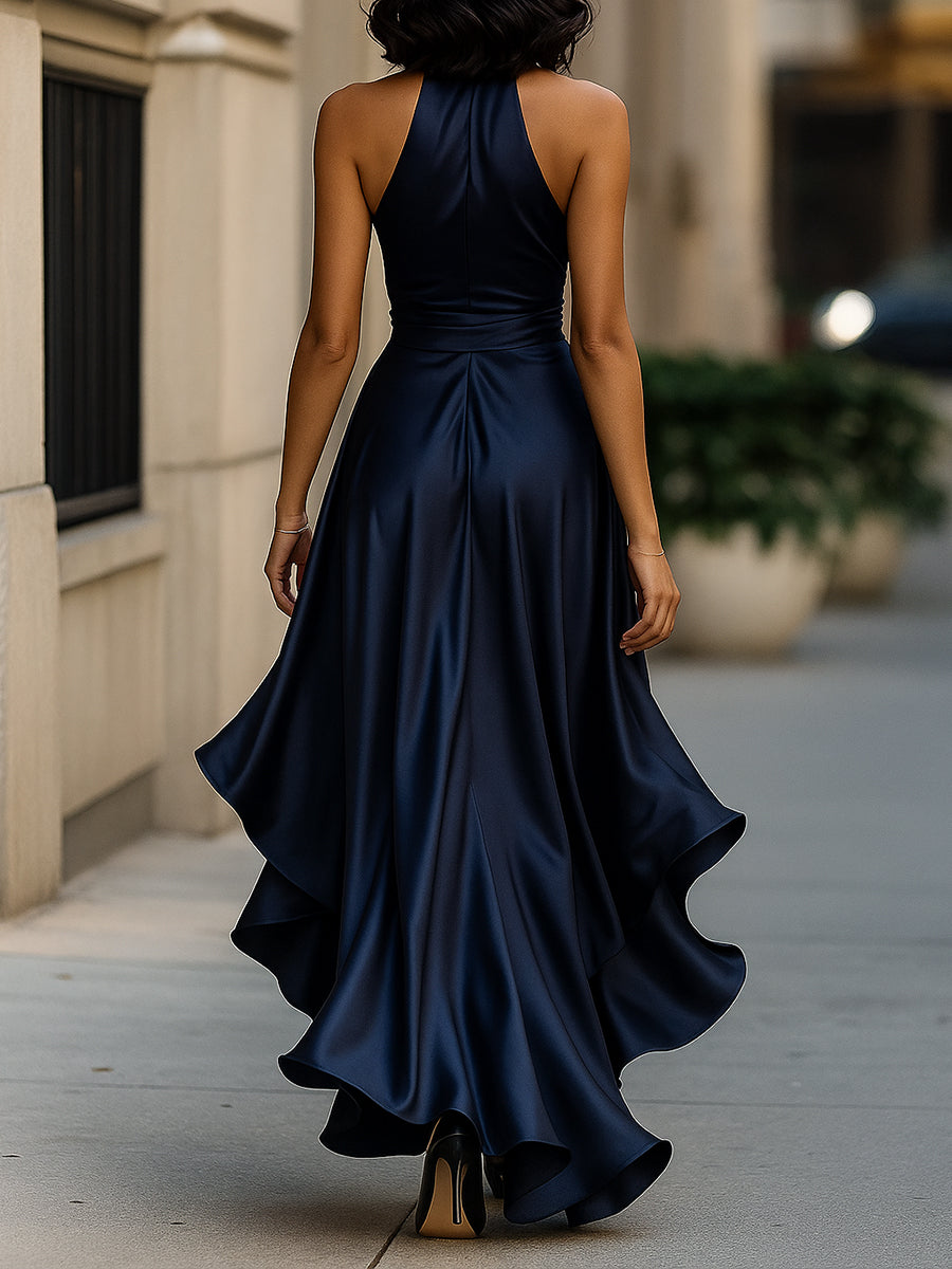 Navy satin wrap maxi dress, halter back, with layered flounce ruffle hem