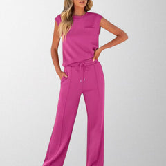 Fuchsia sleeveless lounge co-ord set with pocket top and drawstring wide-leg pants
