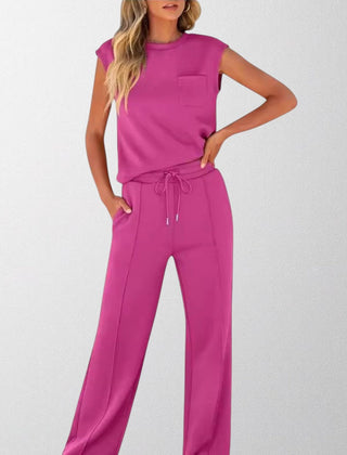 Fuchsia sleeveless lounge co-ord set with pocket top and drawstring wide-leg pants