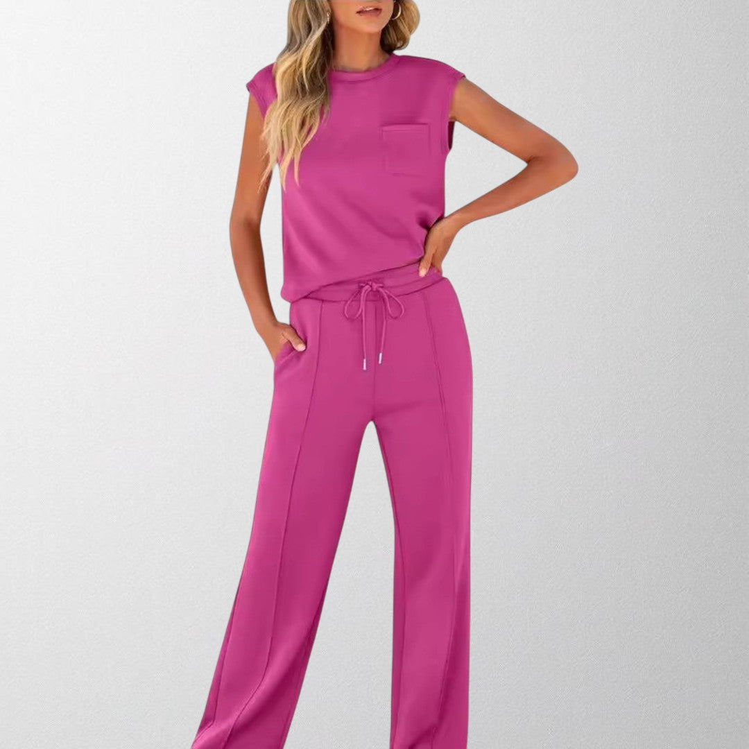 Fuchsia sleeveless lounge co-ord set with pocket top and drawstring wide-leg pants