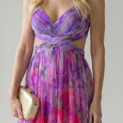 Floral print wrap maxi dress in purple with V neckline and crisscross waist detail