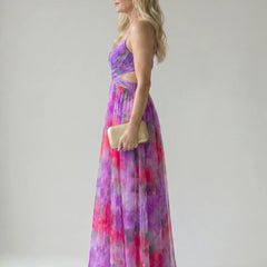 Purple and pink multicolor sleeveless maxi wrap dress with V-neck, side view.