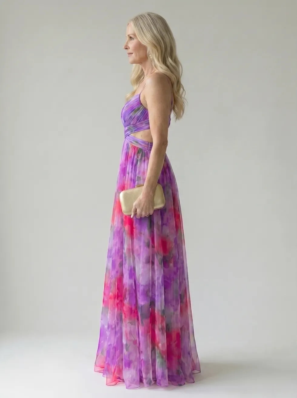 Purple and pink multicolor sleeveless maxi wrap dress with V-neck, side view.