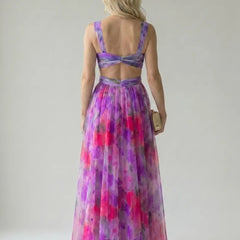Floral print maxi dress, open back with crisscross shoulder straps and flowing skirt