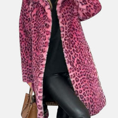 Long leopard print faux-fur coat in pink and dark pink with open front and plush collar