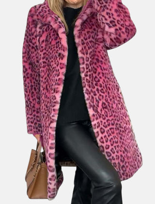 Long leopard print faux-fur coat in pink and dark pink with open front and plush collar