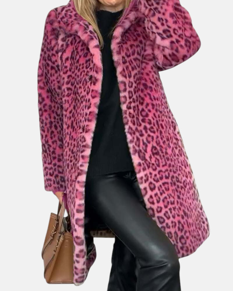 Long leopard print faux-fur coat in pink and dark pink with open front and plush collar