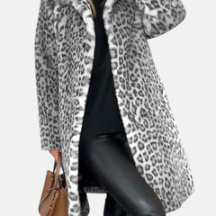 Long leopard print faux-fur coat in gray and black with open front and plush collar
