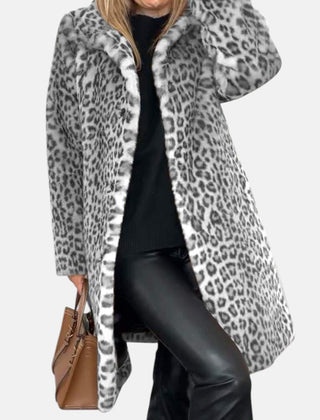 Long leopard print faux-fur coat in gray and black with open front and plush collar