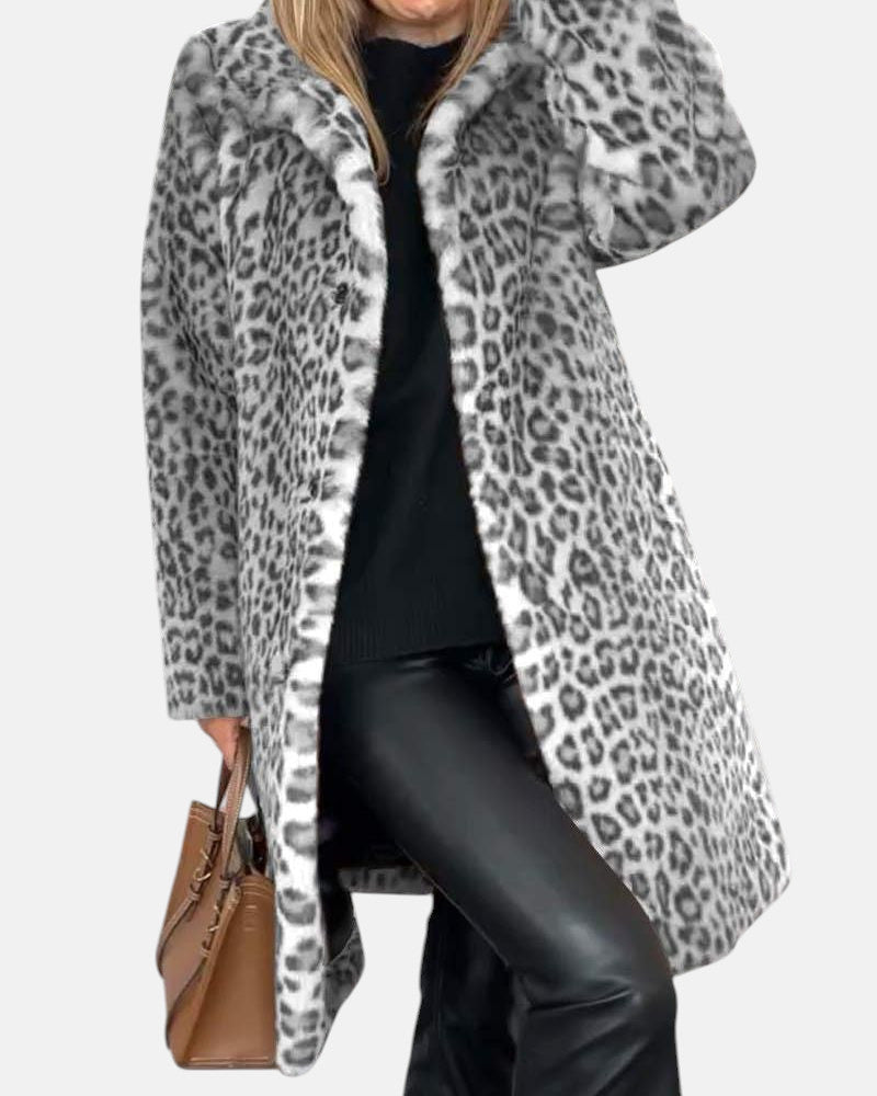 Long leopard print faux-fur coat in gray and black with open front and plush collar