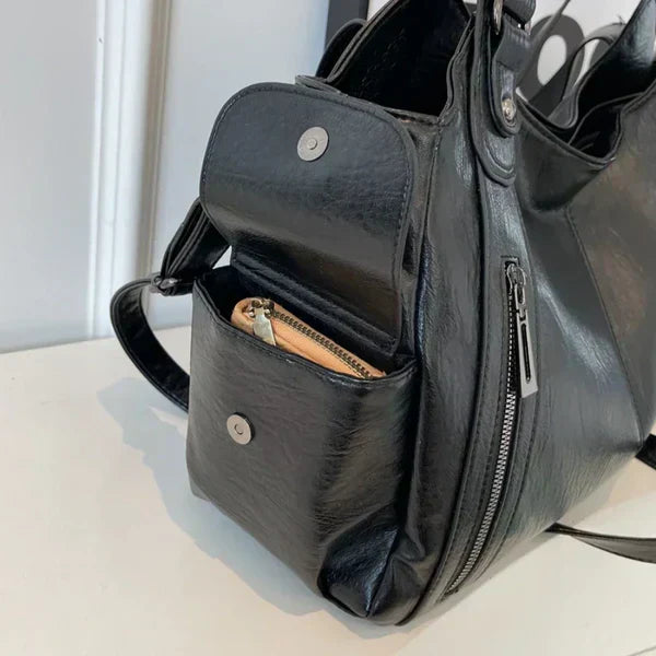RAE Classic leather handbag, dark gray/black with zip pockets and top handles