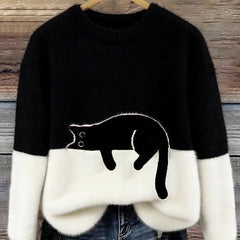 Black and white cat print sweatshirt with long sleeves and crew neck