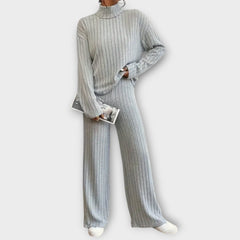 Heather grey ribbed knit two-piece set with turtleneck top and wide-leg pants