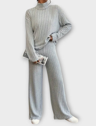 Heather grey ribbed knit two-piece set with turtleneck top and wide-leg pants