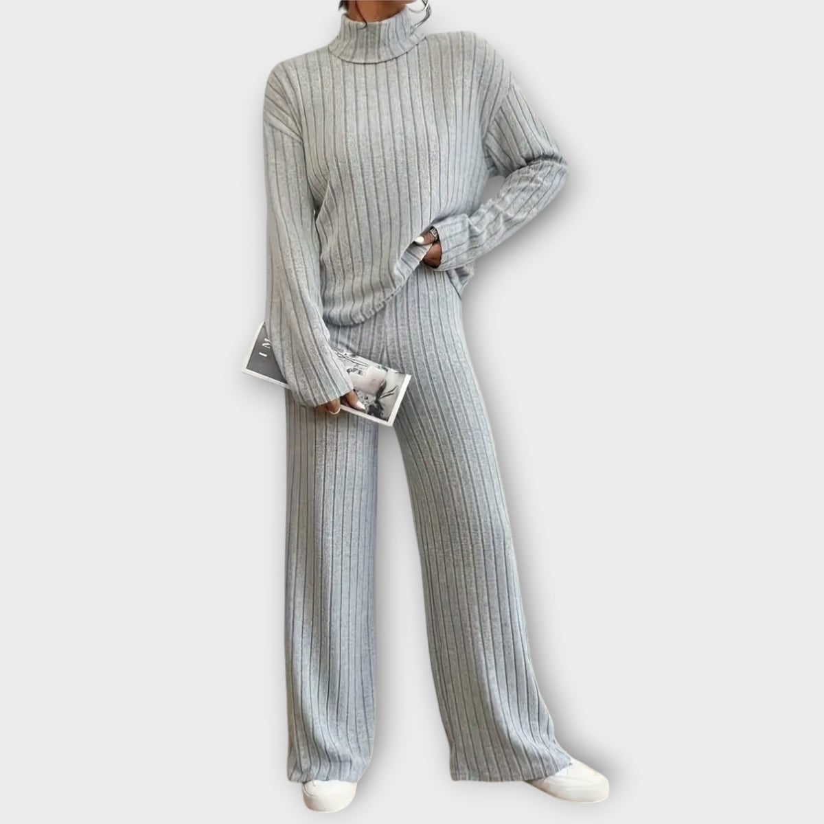 Heather grey ribbed knit two-piece set with turtleneck top and wide-leg pants