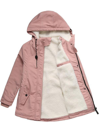 Thick winter coat with hood, pink outer shell, sherpa-lined front with zipper