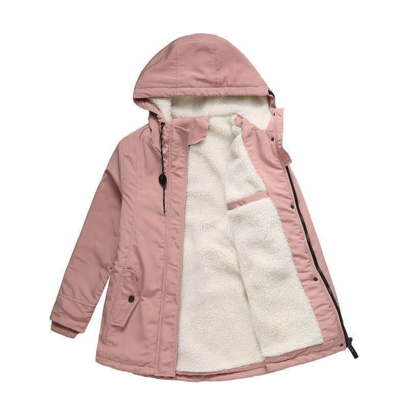 Thick winter coat with hood, pink outer shell, sherpa-lined front with zipper