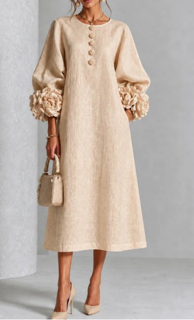 Beige floral midi dress with button front and rose-cuff puff sleeves, front view