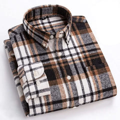 Cotton flannel plaid button-up shirt, close-up of black, white, and tan checks.