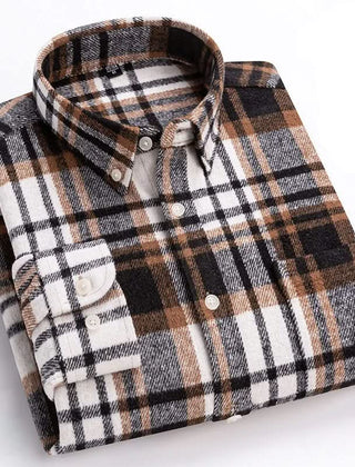 Cotton flannel plaid button-up shirt, close-up of black, white, and tan checks.
