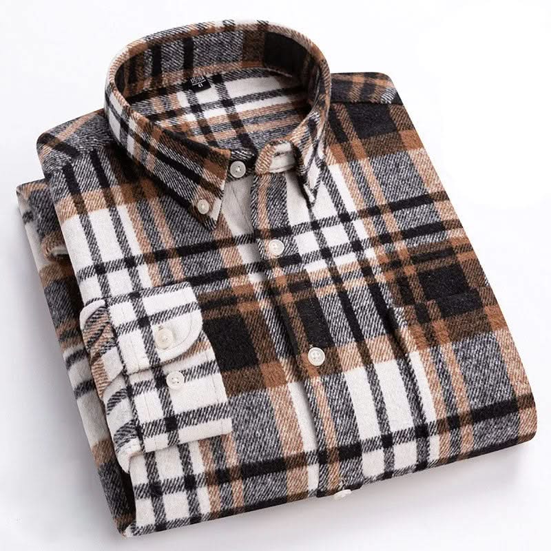 Cotton flannel plaid button-up shirt, close-up of black, white, and tan checks.