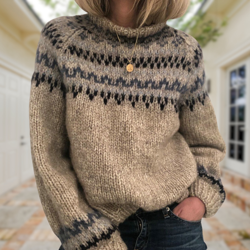 Handcrafted Icelandic knit sweater, beige with navy fair isle yoke, long sleeves, neck button