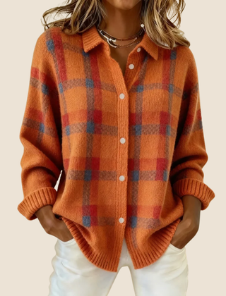 Orange plaid button-up cardigan with front buttons and long sleeves