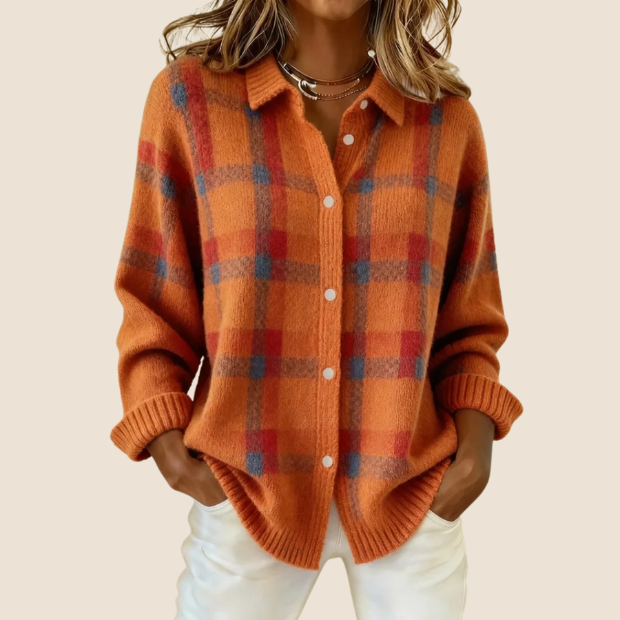 Orange plaid button-up cardigan with front buttons and long sleeves