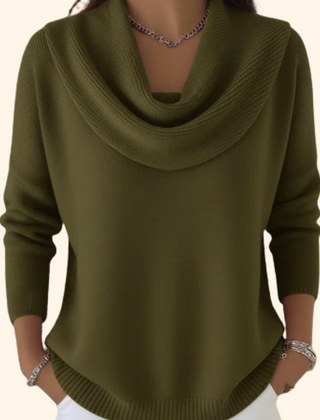 Olive green cowl neck knit jumper with draped neckline and ribbed cuffs and hem