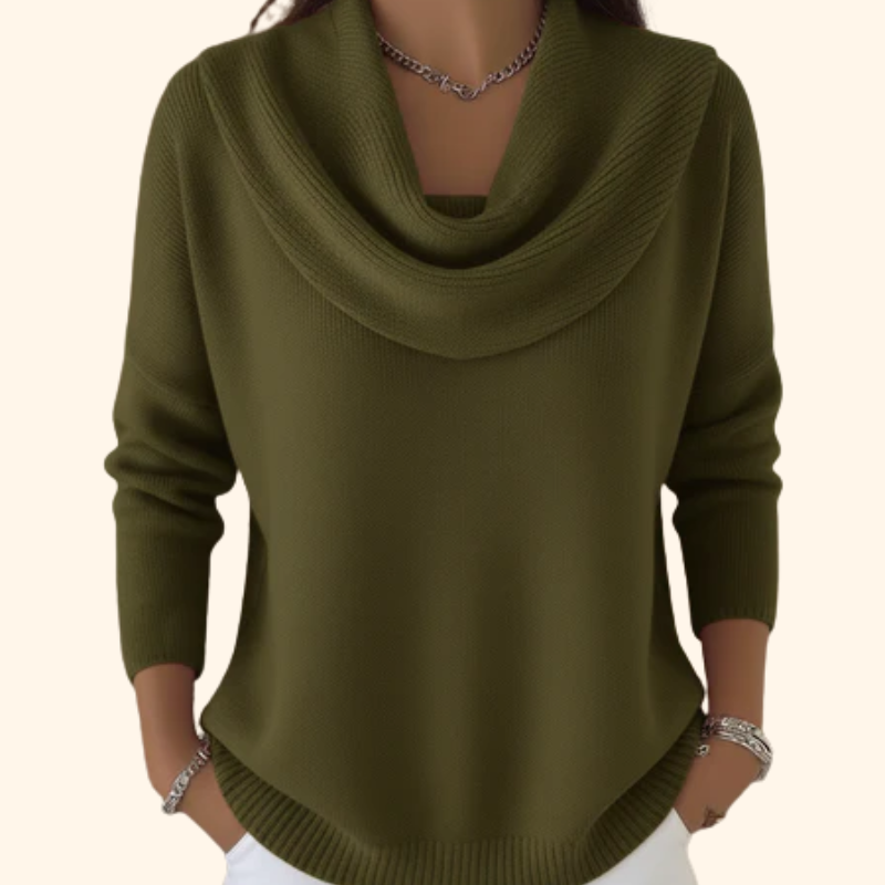 Olive green cowl neck knit jumper with draped neckline and ribbed cuffs and hem